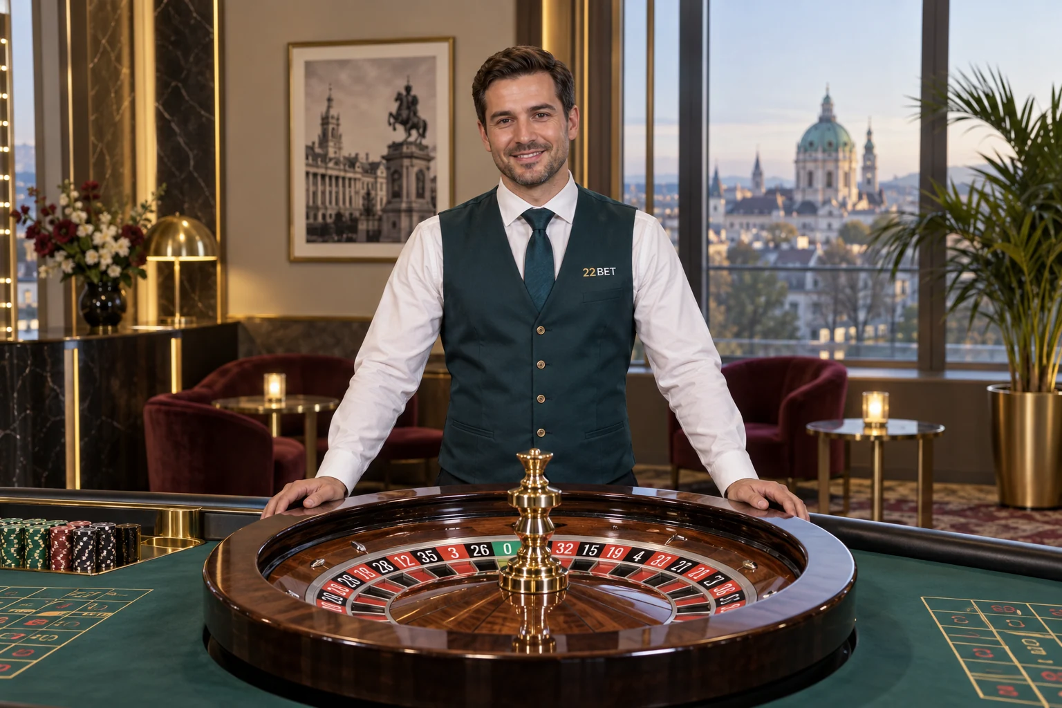 Illustration eines 22BET Live-Dealers am Roulette-Tisch